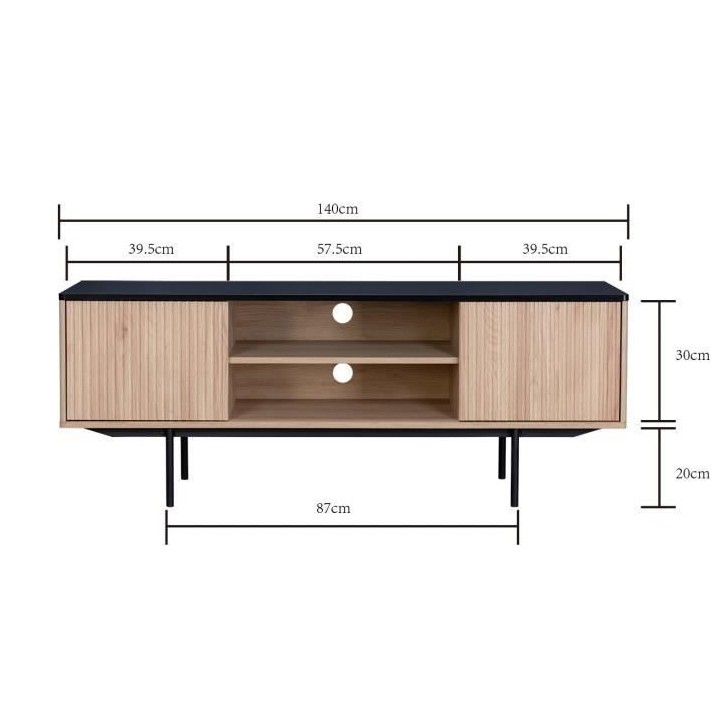 Meuble TV 2 portes - Décor bois et noir - L 140 x P 39 x H 53 - MEMPH