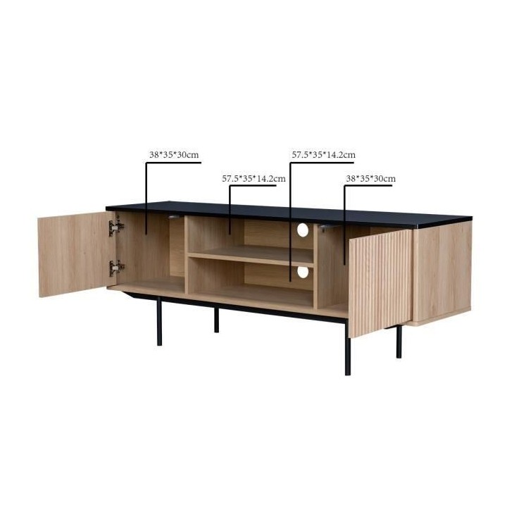 Meuble TV 2 portes - Décor bois et noir - L 140 x P 39 x H 53 - MEMPH