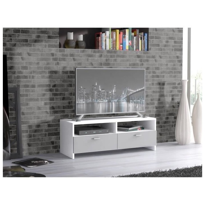 Meuble TV PILVI - Blanc et gris mat - Contemporain - L 95 x P 36 x H 3