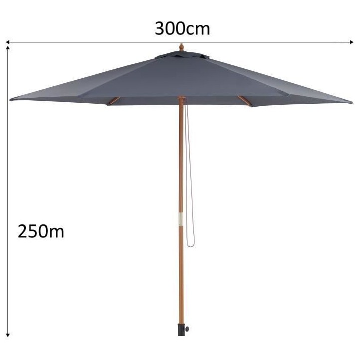 Parasol droit diametre 3m - Mât bois rond et polyester 160g/m² - Gri