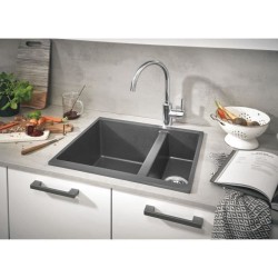 GROHE Evier de cuisine composite avec égouttoir K500, 555 x 460 mm, 2 bacs, quartz composite, siphon et bonde inclus, 31648AT0