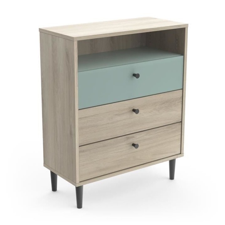 Commode ARTY 3 tiroirs, 1 niche - Décor chene Kronberg et mélaminé