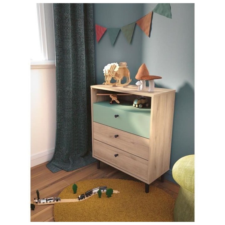 Commode ARTY 3 tiroirs, 1 niche - Décor chene Kronberg et mélaminé