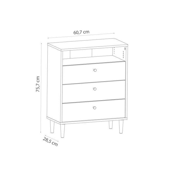 Commode ARTY 3 tiroirs, 1 niche - Décor chene Kronberg et mélaminé