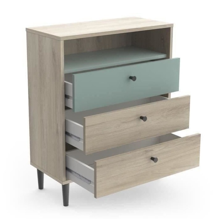 Commode ARTY 3 tiroirs, 1 niche - Décor chene Kronberg et mélaminé