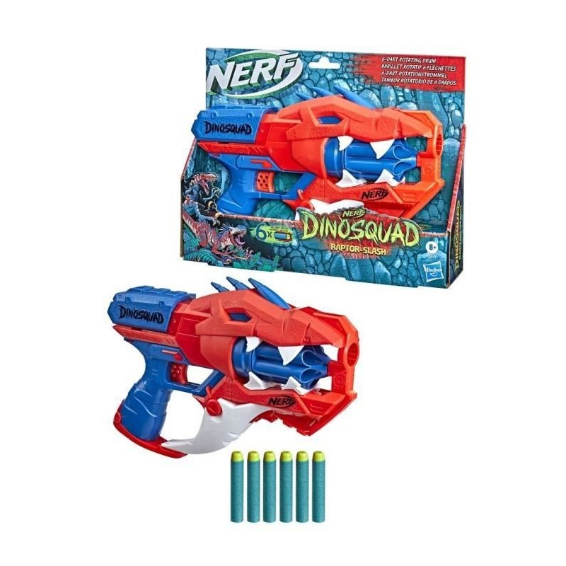 NERF - DinoSquad - Blaster Raptor-Slash avec barillet rotatif 6 fléchettes, tir en rafale, 6 fléchettes Nerf, vélociraptor