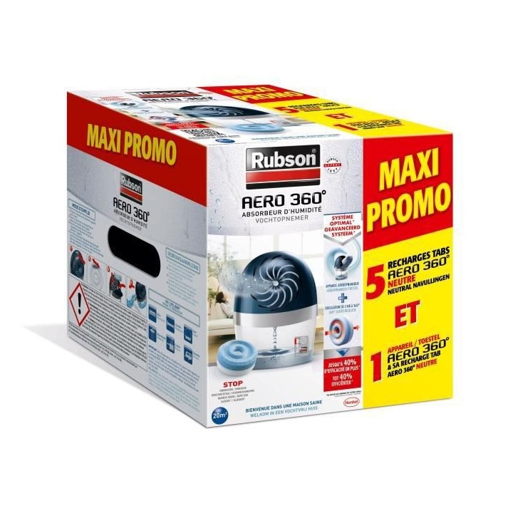 RUBSON MAXI PROMO Absorbeur d'Humidité Aéro 360° 20m² et sa rechar