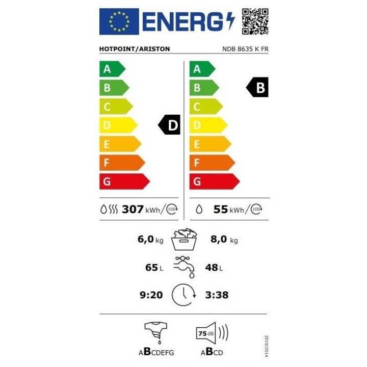Lave-linge séchant HOTPOINT NDB8635KFR - 8 / 6 kg - Induction - 1400