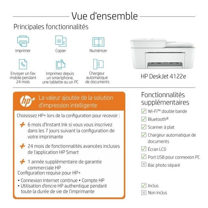 HP Deskjet 4122e Imprimante tout-en-un Jet d'encre couleur Copie Scan