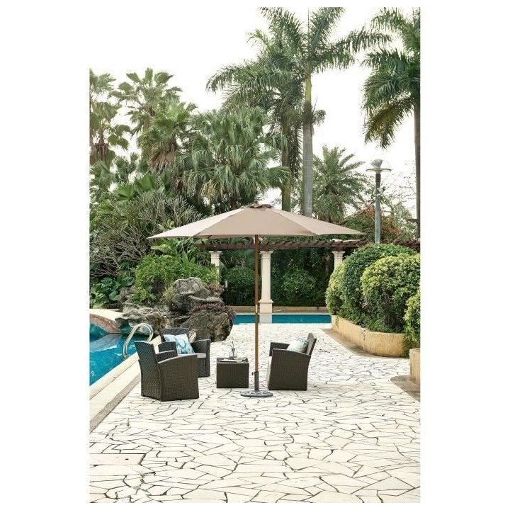 Parasol droit diametre 3m - Mât bois rond et polyester 160g/m² - Tau