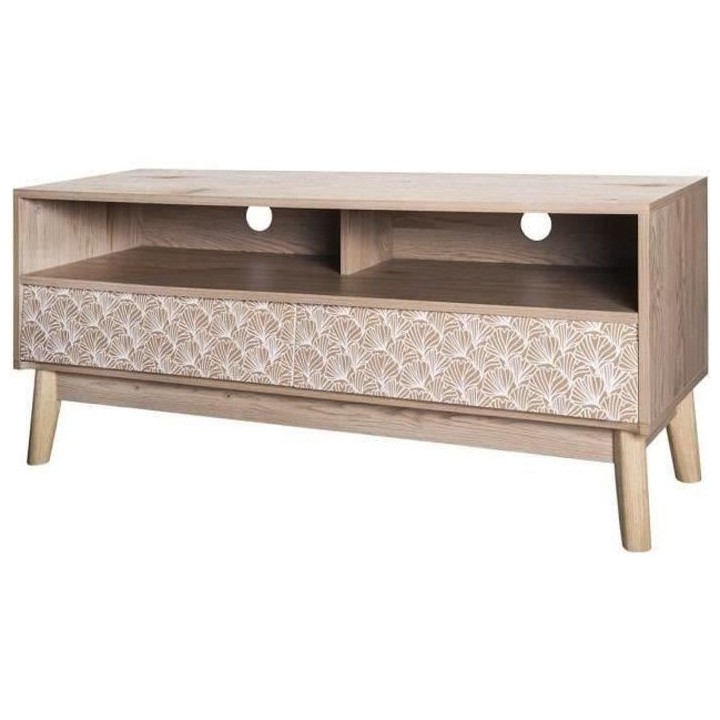 Meuble TV 2 tiroirs - Bois et motifs - L 120 x P 40 x H 50 cm - SOFIA