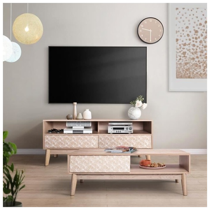 Meuble TV 2 tiroirs - Bois et motifs - L 120 x P 40 x H 50 cm - SOFIA