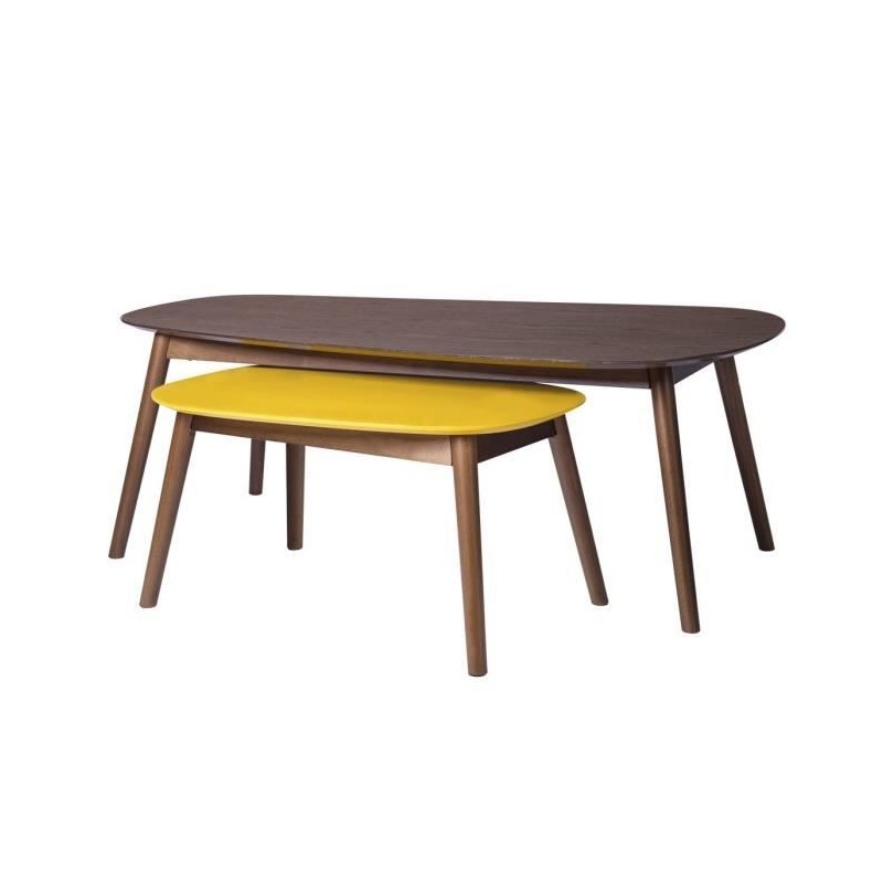 Lot de 2 Tables basses ovales - Imitation bois noyer et jaune - JASON - L 120 x P 70 x H 43 cm et L 66 x P 42 x H 33 cm