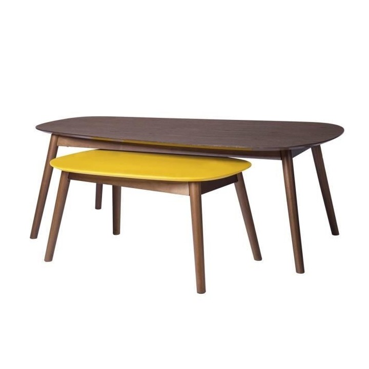 Lot de 2 Tables basses ovales - Imitation bois noyer et jaune - JASON