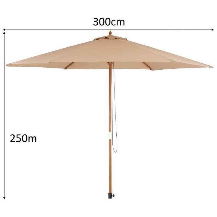 Parasol droit diametre 3m - Mât bois rond et polyester 160g/m² - Tau