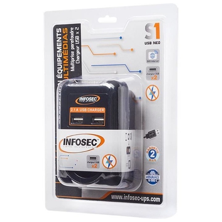 INFOSEC - S1 USB NEO - Parasurtenseur 1 Prise FR + 2 ports USB - Garan