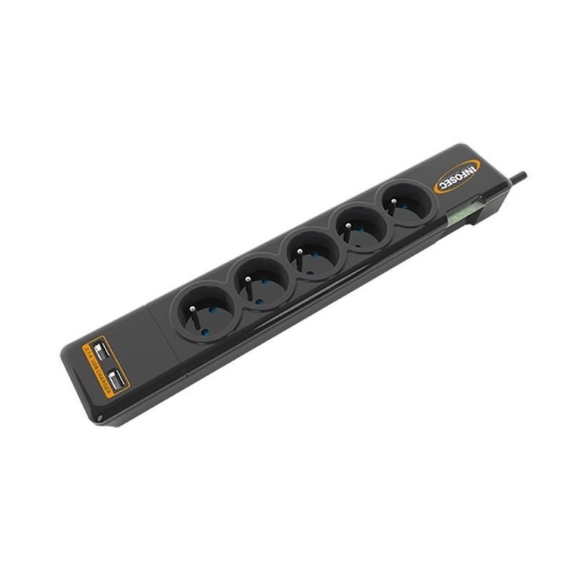 INFOSEC - S5 USB NEO - Parasurtenseur 5 Prises FR + 2 ports USB - Garantie 2 ans