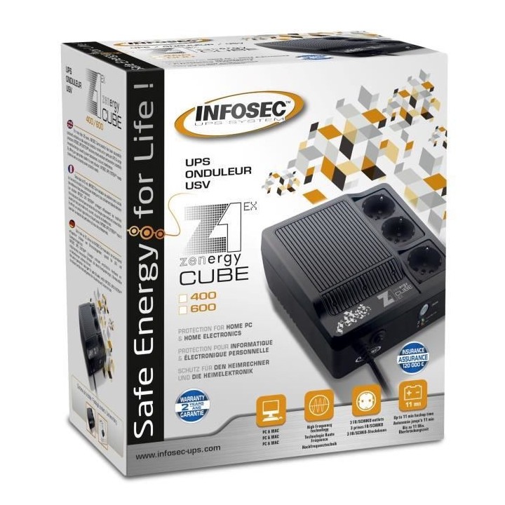Onduleur 400 VA - INFOSEC - Z1 ZenCube EX - Haute fréquence - 3 prise