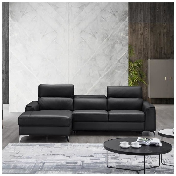 Canapé d'angle gauche EDISON - Cuir de vachette et simili-Noir - 3 ap