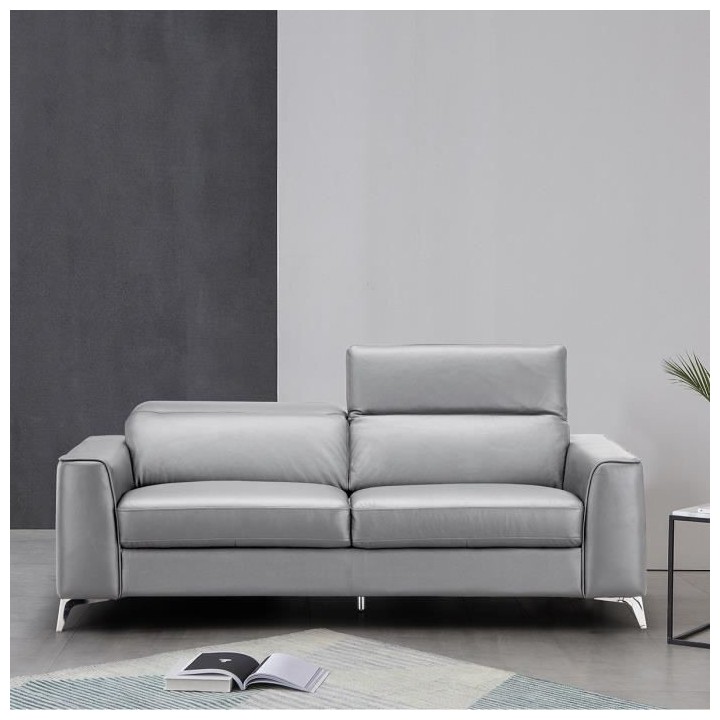 Canapé fixe - 3 places - Cuir de vachette et simili gris - Contempora