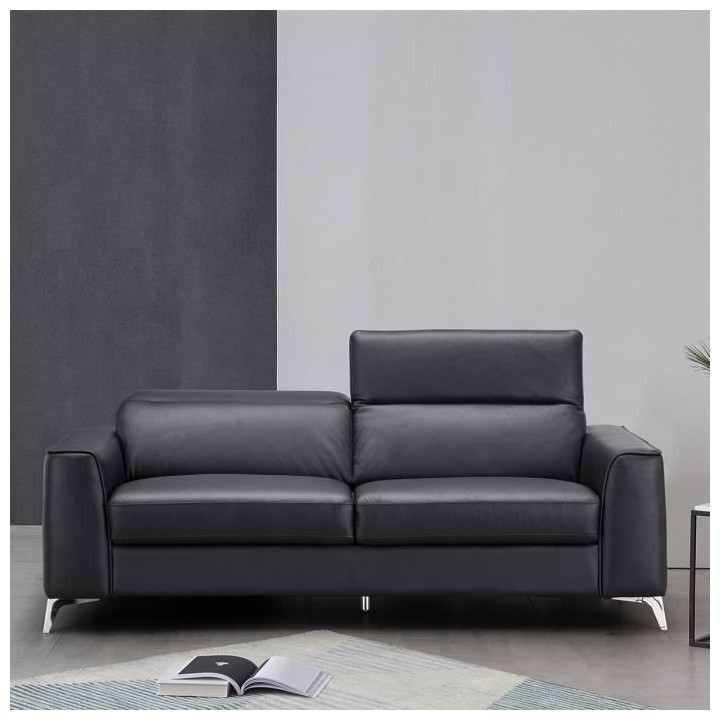 Canapé 3 places fixe - Cuir de vachette et simili noir - EDISON