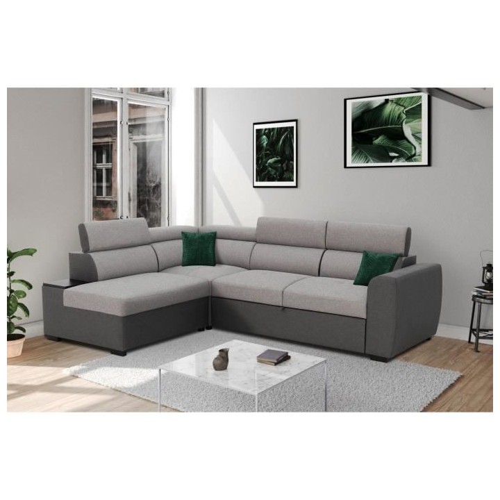 Canapé d'angle convertible 4 places KELIO - Tissu anthracite/gris - L