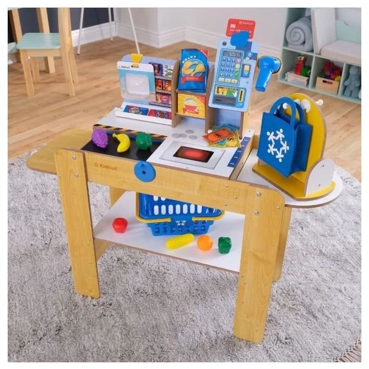 Caisse de supermarché en bois avec caisse enregistreuse et 30 accesso