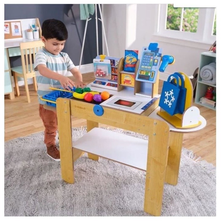 Caisse de supermarché en bois avec caisse enregistreuse et 30 accesso