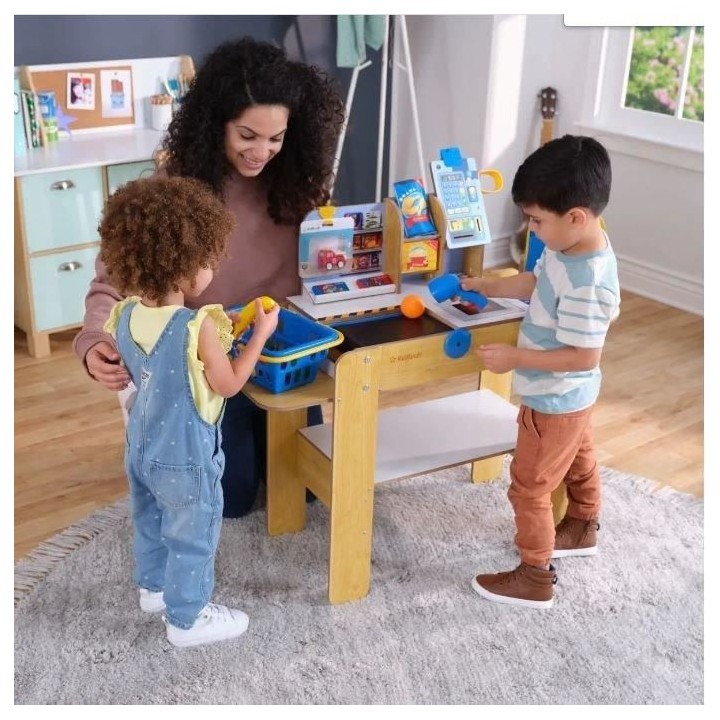 Caisse de supermarché en bois avec caisse enregistreuse et 30 accesso