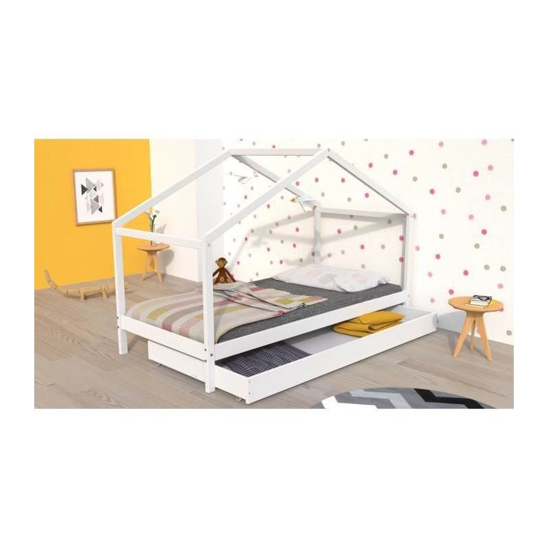 WEBER Lit cabane enfant avec tiroir - Bois pin massif - Blanc - Sommier inlcus - 90x190cm - KOALA