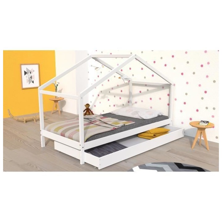 WEBER Lit cabane enfant avec tiroir - Bois pin massif - Blanc - Sommie