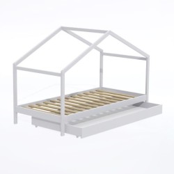 WEBER Lit cabane enfant avec tiroir - Bois pin massif - Blanc - Sommier inlcus - 90x190cm - KOALA