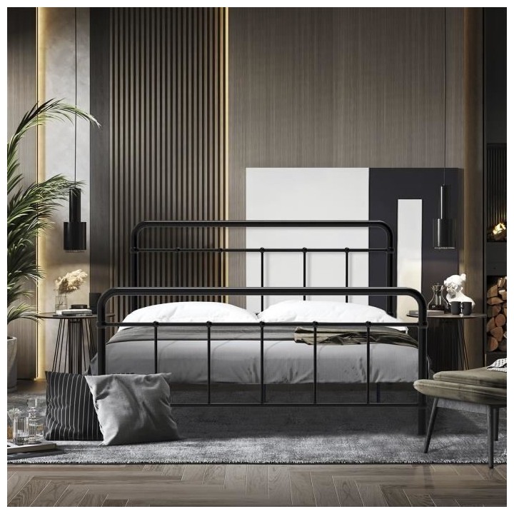 AARON Lit adulte 140x190 cm en métal a barreaux - Noir - Sommier incl