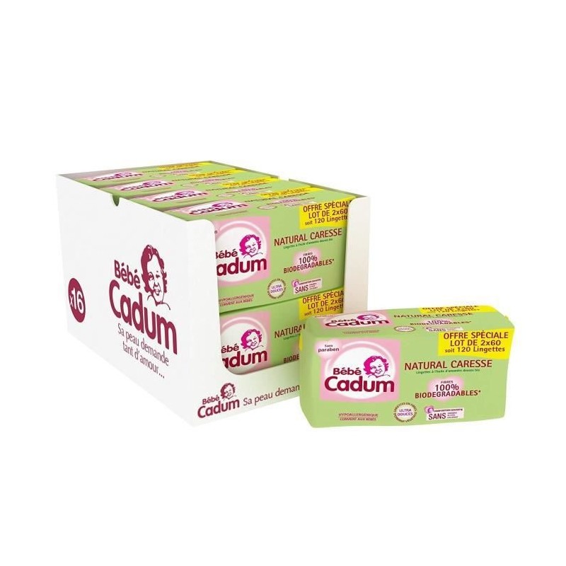 CADUM BÉBÉ Lingettes Natural Caresse - 960 Lingettes (8 lots de 120)