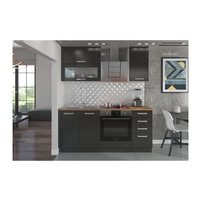 LASSEN Cuisine complete L 180 cm avec meuble four et plans de travail - 6 éléments - Gris Matera