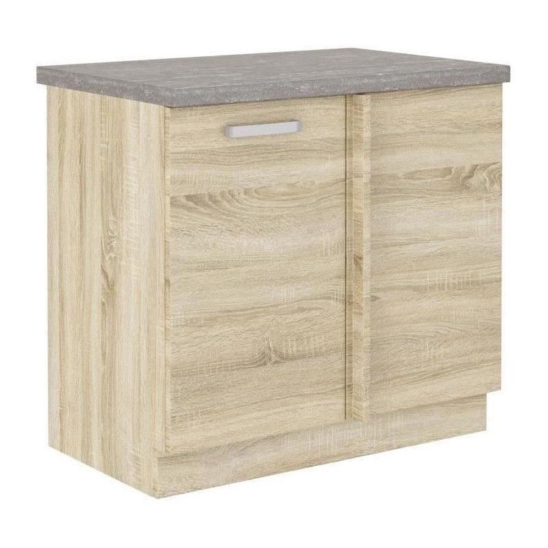 Meuble bas d'angle porte battante avec plan de travail - Décor chene sonoma - L 105 x P 51,6 x H 85 - LASSEN