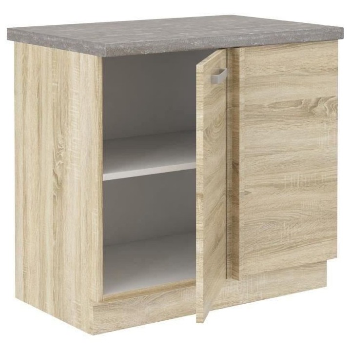 Meuble bas d'angle porte battante avec plan de travail - Décor chene