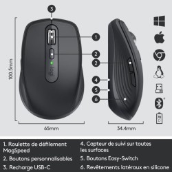 Souris sans fil - Logitech - MX Anywhere 3 - Ergonomique - Bluetooth - USB - Graphite