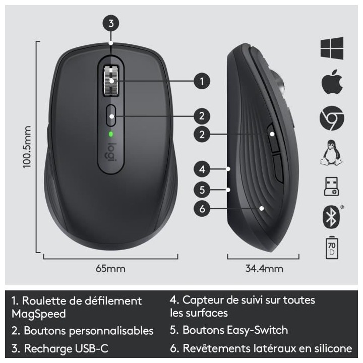 Souris sans fil - Logitech - MX Anywhere 3 - Ergonomique - Bluetooth -