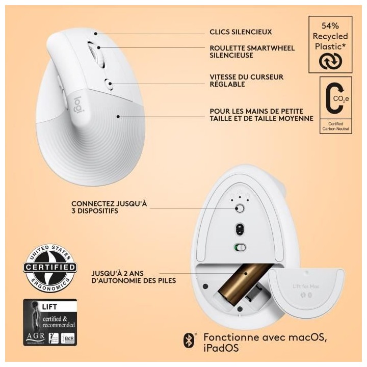 Logitech - Souris Lift pour Mac - Ergonomique sans fil - Blanc