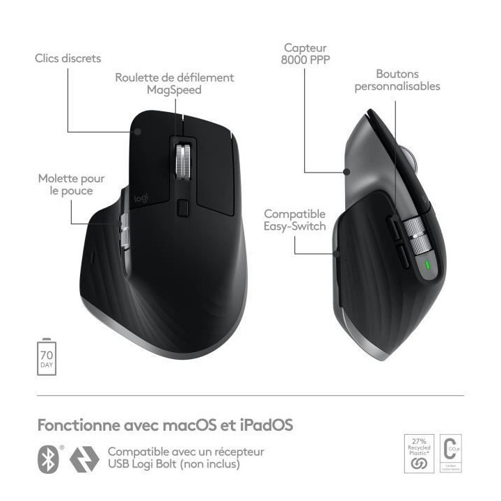 Logitech - Souris sans fil Ergonomique - MX Master 3S pour Mac - Gris