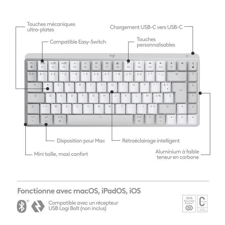 Logitech - Clavier sans fil pour Mac - MX Mechanical Mini - Gris Pâle