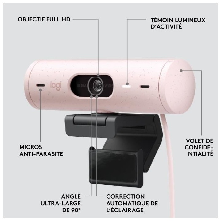 Logitech - Brio 500 Webcam HD avec Expo Auto - Rose