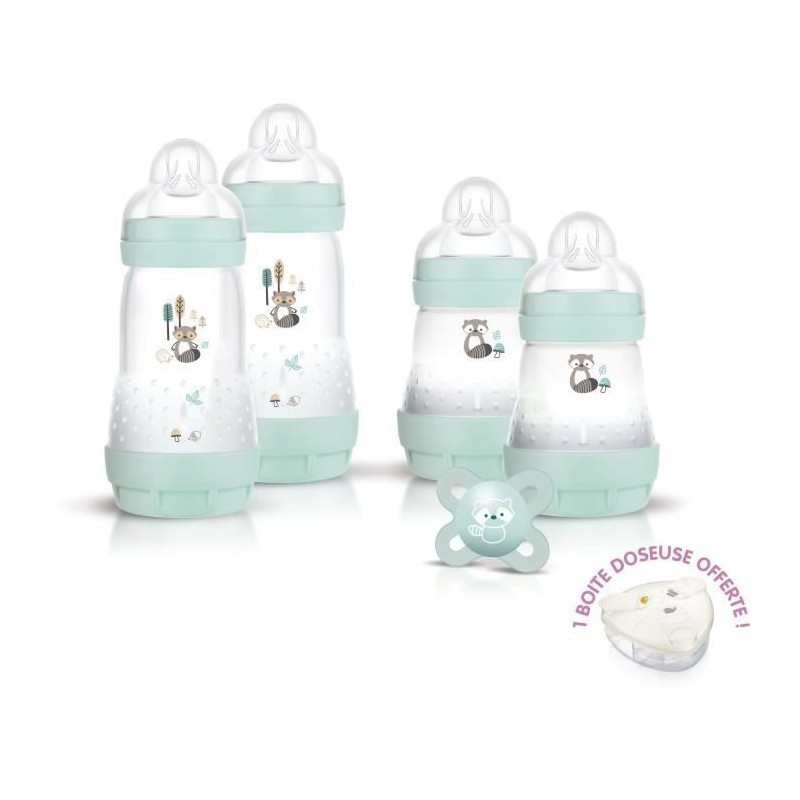 MAM Coffret Naissance Nature - Aqua - 4 Biberons + 1 Sucette + 1 Boite Doseuse