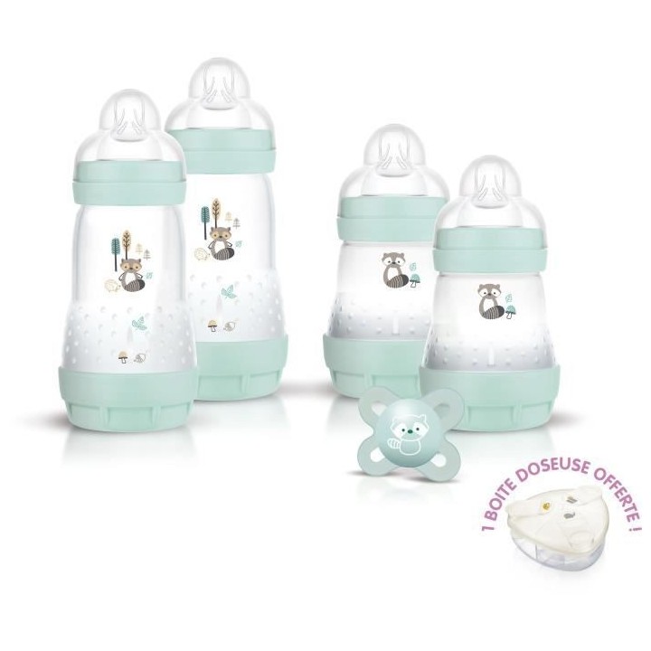 MAM Coffret Naissance Nature - Aqua - 4 Biberons + 1 Sucette + 1 Boite