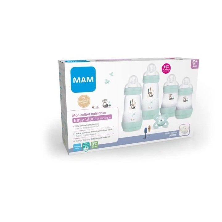 MAM Coffret Naissance Nature - Aqua - 4 Biberons + 1 Sucette + 1 Boite