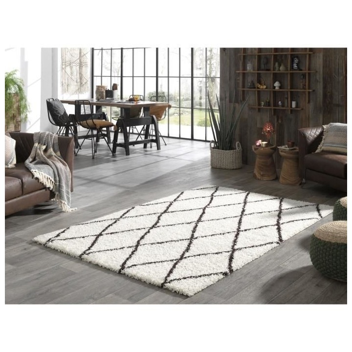 ASMA Tapis de salon Shaggy - Style berbere - 120 x 160 cm - Creme et m