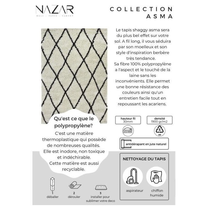 ASMA Tapis de salon Shaggy - Style berbere - 120 x 160 cm - Creme et m