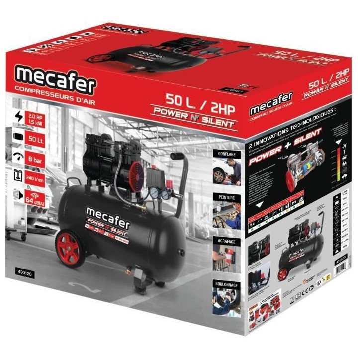 Compresseur power'n silent 8bar - 50L - 2HP MECAFER