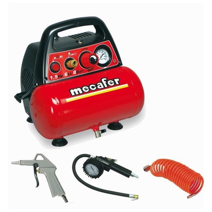 MECAFER Compresseur d'air NEW VENTO 6 L 1,5 CV 8 bar - Avec 3 accessoi